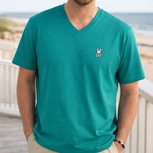 Psycho Bunny Teal Pima Cotton V-Neck T-Shirt Logo Tee Men’s Size 5 (XL)